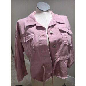 Stoosh Vintage Denim Cropped Light Pink Jacket With Frayed Hem & Button-Up Closu